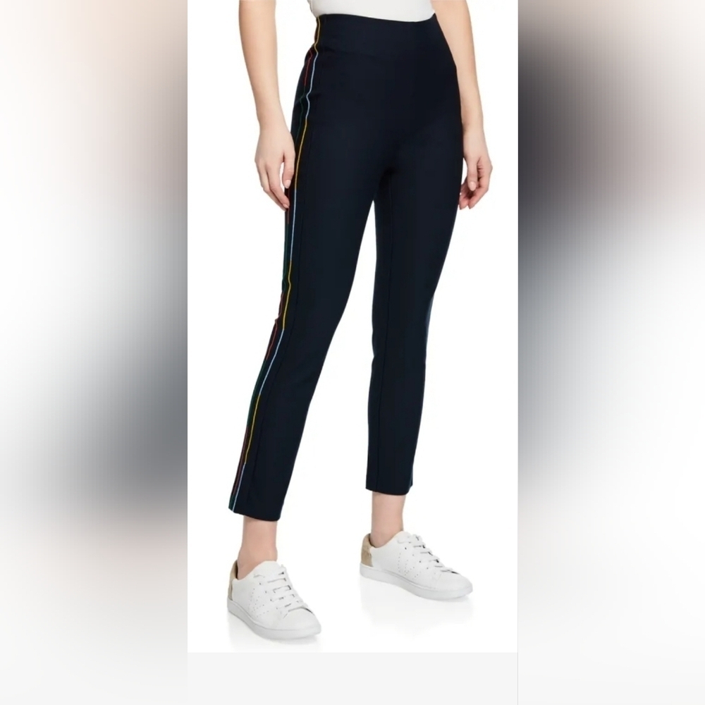 NWOT Derek Lam 10 Crosby Navy cropped Pants Embroidered Rainbow Stripes, Sz 0